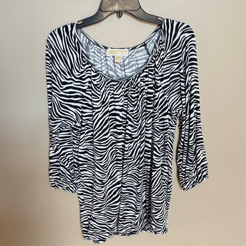 Michael Kors Black White Zebra animal Print Blouse viscose long sleeve relaxed L